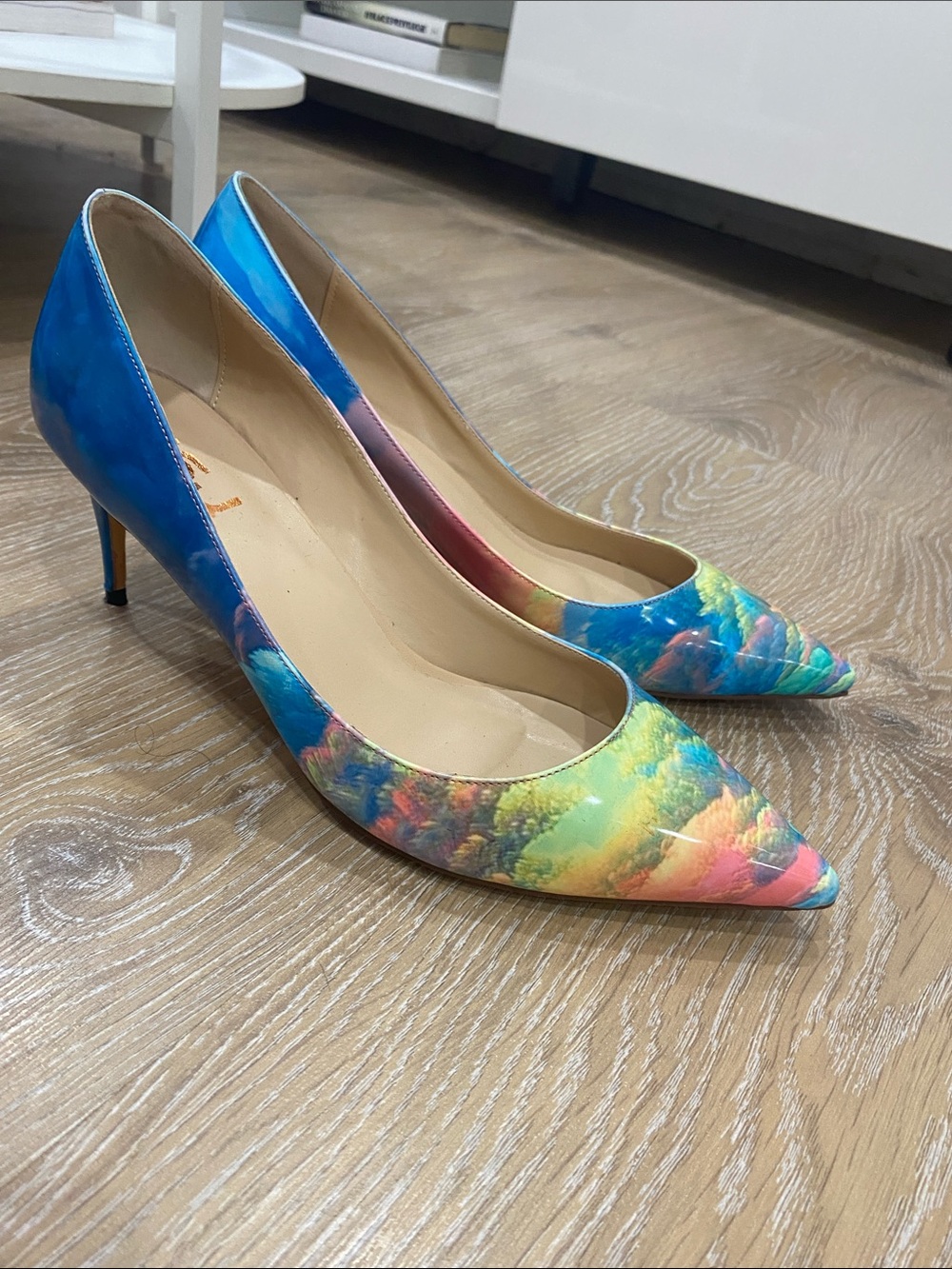 FSJ Multicolor Pointed-Toe Pumps with Blue Heel Accent & Cloud Print